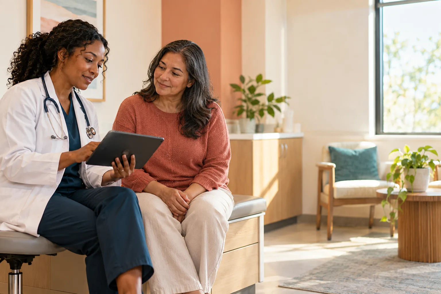 Clinician and patient sharing a calm consultation workflow