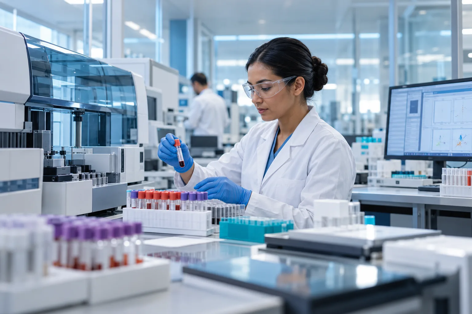 Lab professional coordinating sample processing beside diagnostic equipment