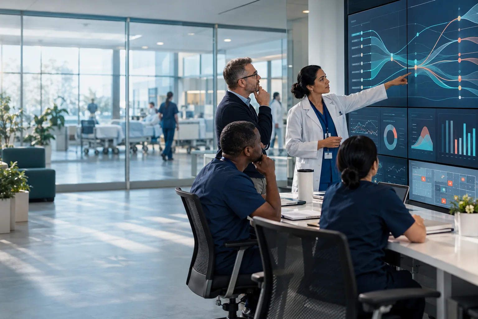 Hospital operations team reviewing patient-flow information together
