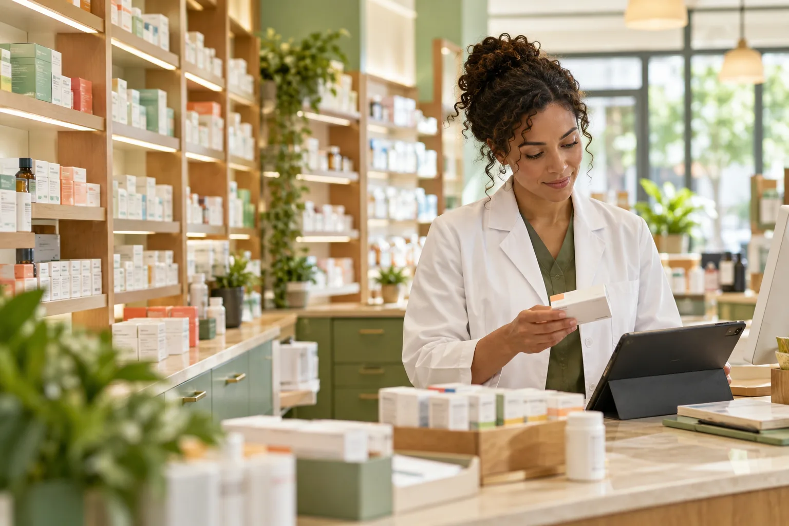 Pharmacist reviewing prescription and stock workflow at a pharmacy counter