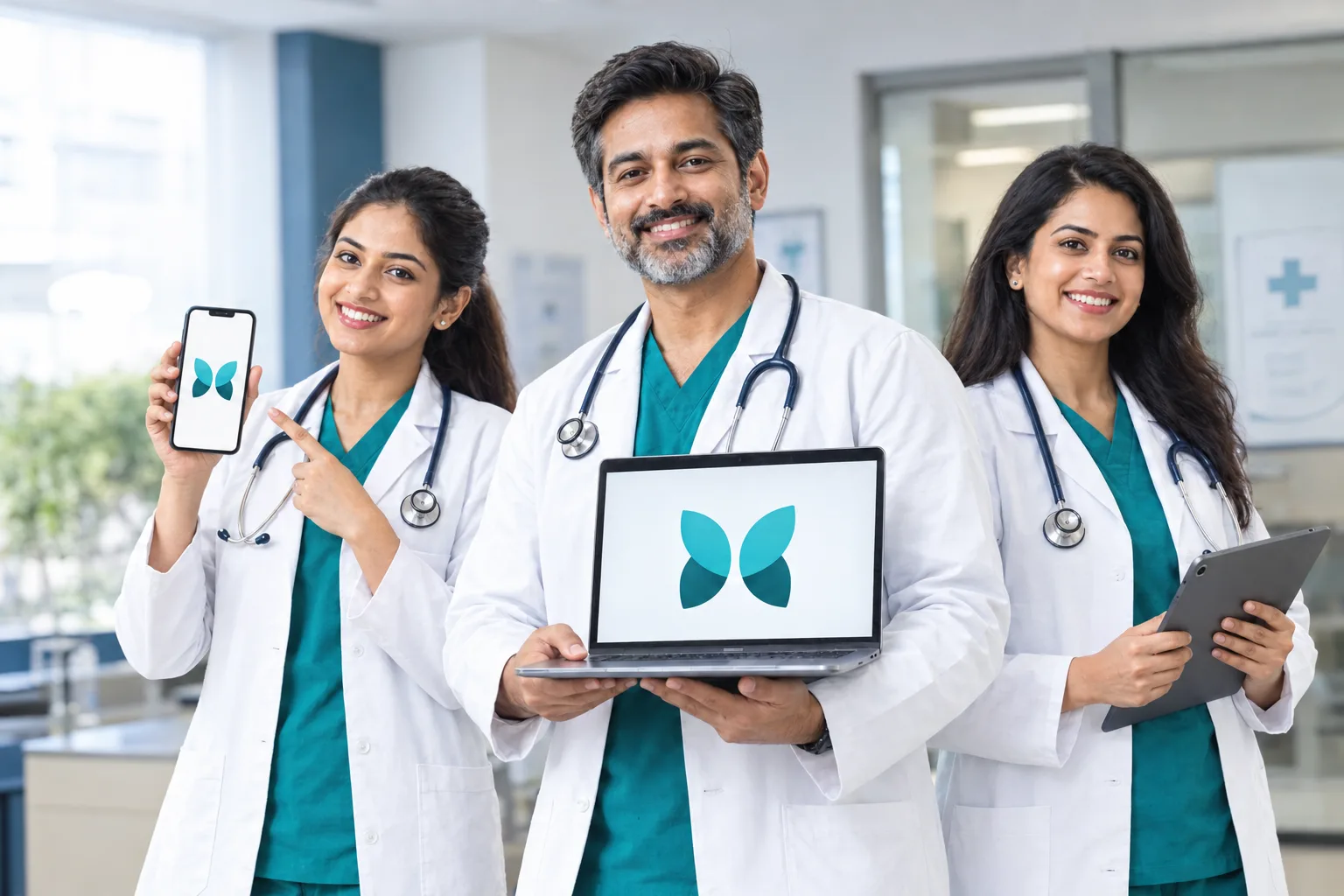 Three Medpia care team members using a phone, laptop, and tablet in a hospital
